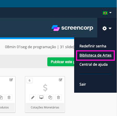 Botão Biblioteca de Artes no player Screencorp